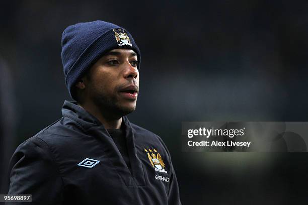 Robinho of Manchester City looks on as a substitute during the Barclays Premier League match between Manchester City and Blackburn Rovers at the City...