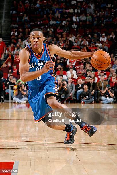 Russell Westbrook of the Oklahoma City Thunder drives the ball to the basket during the game against the Houston Rockets on December 19, 2009 at the...