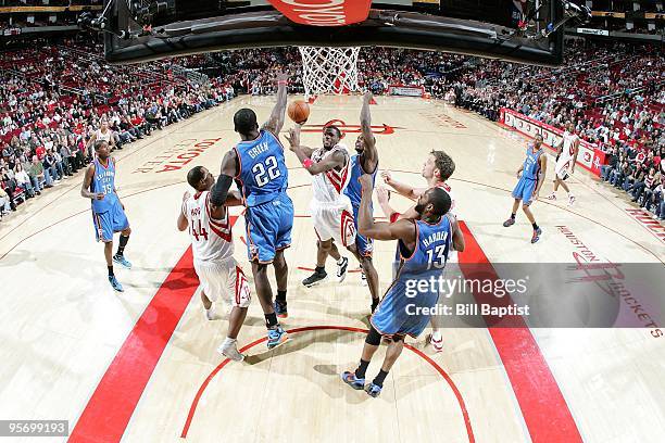 Aaron Brooks of the Houston Rockets puts up a shot against Jeff Green of the Oklahoma City Thunder during the game on December 19, 2009 at the Toyota...