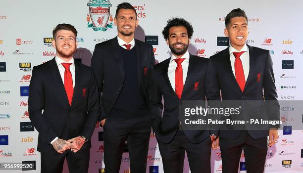 Liverpool's Alberto Moreno , Dejan Lovren , Mohamed Salah, and Roberto Firmino during the red carpet arrivals for the 2018 Liverpool Players' Awards...