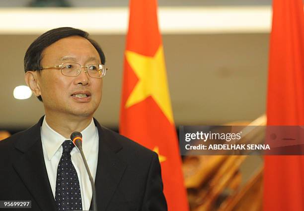 China's Foreign Minister Yang Jiechi speaks during a press conference with his Moroccan counterpart on January 11, 2010 in Rabat. Yang arrived today...