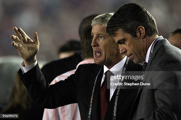 Seattle Seahawks head coach Pete Carroll stands on the sidelines during the Citi BCS National Championship game between the Texas Longhorns and the...