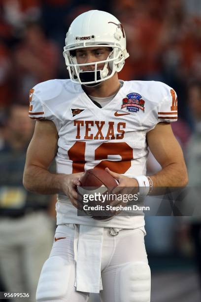 Quarterback Colt McCoy of the Texas Longhorns looks on before taking on the Alabama Crimson Tide in the Citi BCS National Championship game at the...