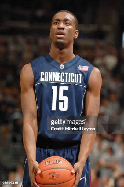 Kemba Walker of the Connecticut Huskies takes a foul shot during a college basketball game against the Georgetown Hoyas on January 9, 2010 at the...