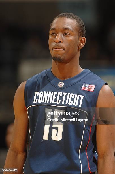 Kemba Walker of the Connecticut Huskies looks on during a college basketball game against the Georgetown Hoyas on January 9, 2010 at the Verizon...