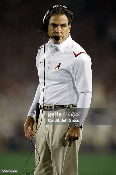 Head Coach Nick Saban of the Alabama Crimson Tide reacts during the Citi BCS National Championship game against the Texas Longhorns at the Rose Bowl...