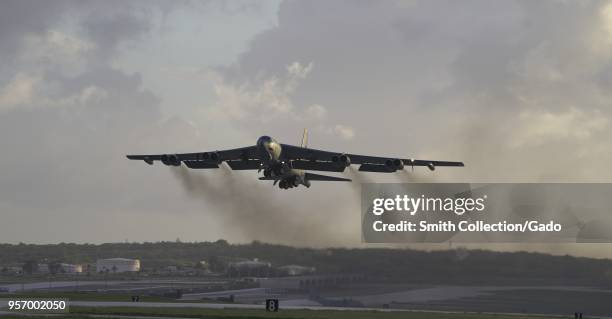 Air Force B-52H Stratofortress bomber takes off from Andersen Air Force Base, Guam, May 4, 2018. Image courtesy Tech. Sgt. Richard Ebensberger /...