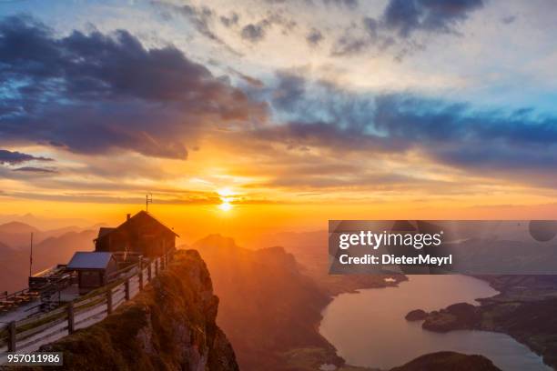 view to lake mondsee  at sunset from schafbergspitze - sunset at mount schafberg, - vocklabruck stock pictures, royalty-free photos & images