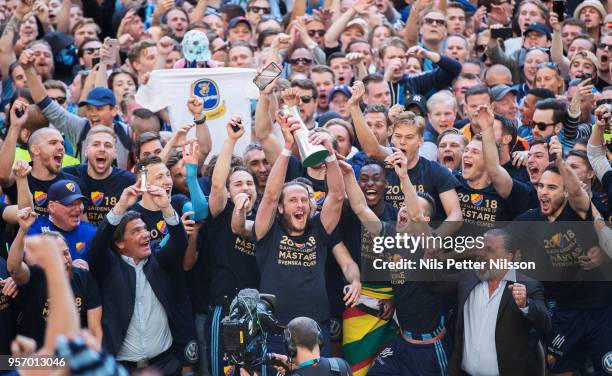 Jonas Olsson of Djurgardens IF lifts the trophy after the Swedish Cup Final between Djurgardens IF and Malmo FF at Tele2 Arena on May 10, 2018 in...