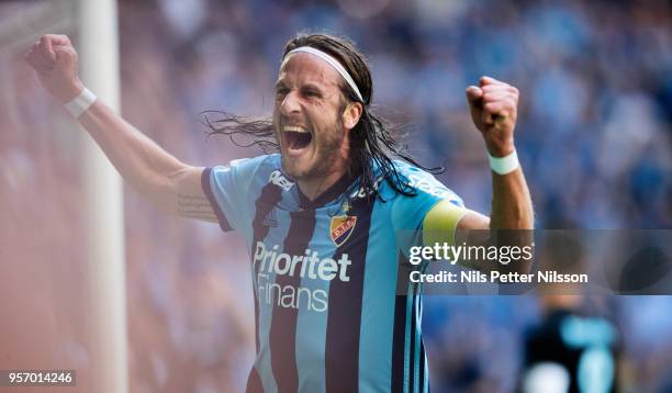 Jonas Olsson of Djurgardens IF celebrates during the Swedish Cup Final between Djurgardens IF and Malmo FF at Tele2 Arena on May 10, 2018 in...