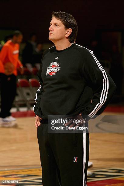 Head coach Christopher Finch of the Rio Grande Valley Vipers watches warm ups before the D-League game against the Iowa Energy on January 9, 2010 at...