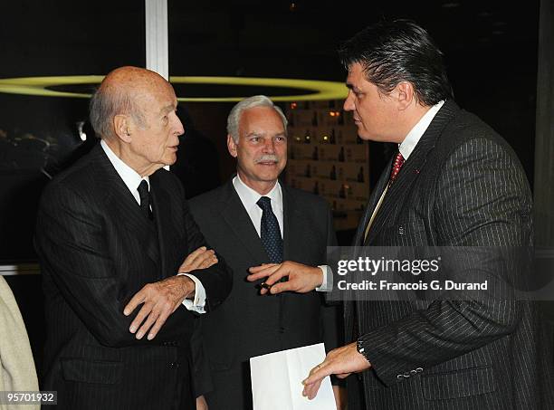 Athlete David Douillet, Marcio Barbosa and former President Valery Giscard d'Estaing attend the "Invictus" Paris premiere at UNESCO on January 11,...