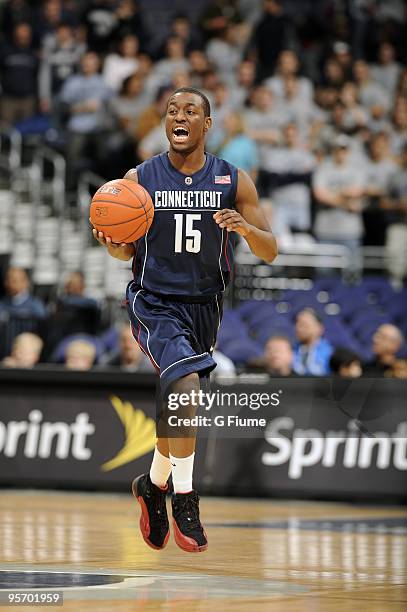 Kemba Walker of the University of Connecticut Huskies brings the ball up the court against the Georgetown Hoyas on January 9, 2010 at the Verizon...