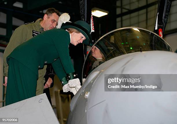 Lady Sarah McCorquodale, High Sheriff of Lincolnshire, views the cockpit of a Typoon jet as she accompanies her Nephew HRH Prince William on his...