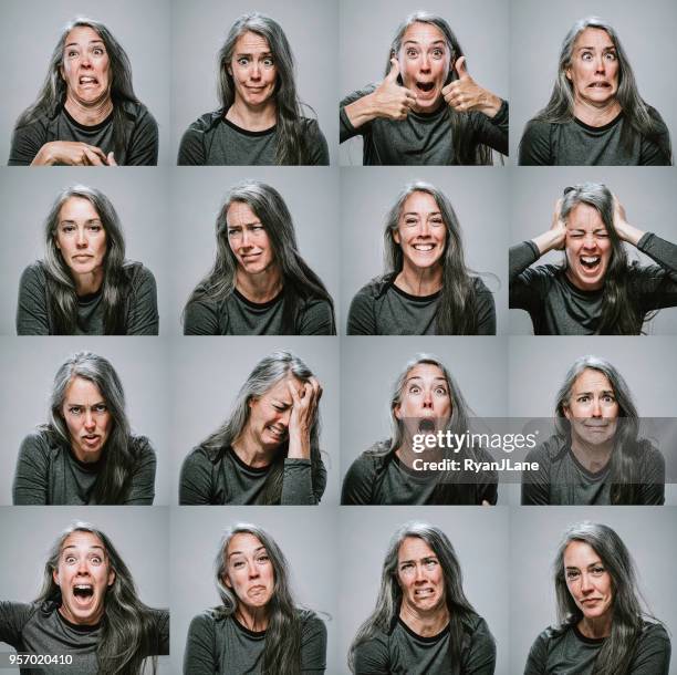 composite of mature woman with many emotions and expressions - combination imagens e fotografias de stock