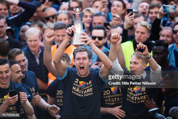 Andreas Isaksson of Djurgardens IF celebrates after the victory during the Swedish Cup Final between Djurgardens IF and Malmo FF at Tele2 Arena on...