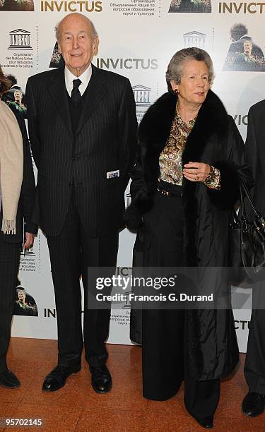 Former President Valery Giscard d'Estaing and his wife Anne-Aymone Giscard d'Estaing attend the "Invictus" Paris premiere at UNESCO on January 11,...