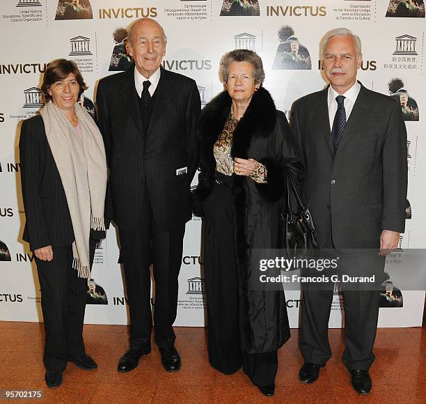 Former President Valery Giscard d'Estaing and his wife Anne-Aymone Giscard d'Estaing , and Marcio Barbosa and a guest attend the "Invictus" Paris...