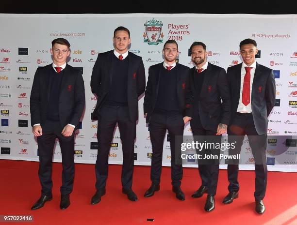 Ben Woodburn, Danny Ward, Andrew Robinson, Danny Ings,Trent Alexander-Arnold during the Player Awards at Anfield on May 10, 2018 in Liverpool,...