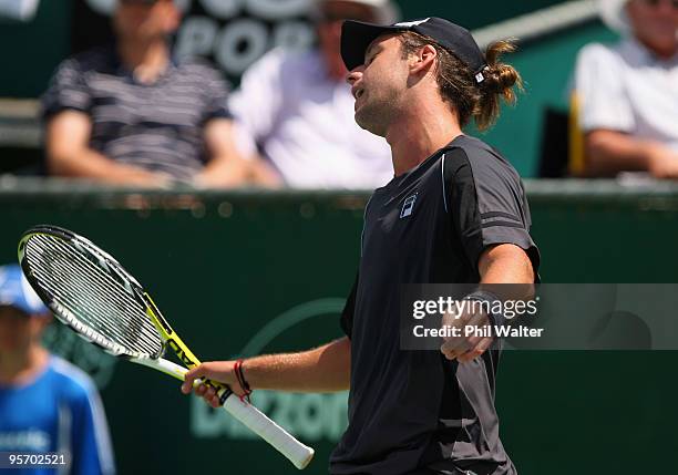 Horacio Zeballos of Argentina reacts as he looses a point in his first round match against Juan Monaco of Argentina during day two of the Heineken...