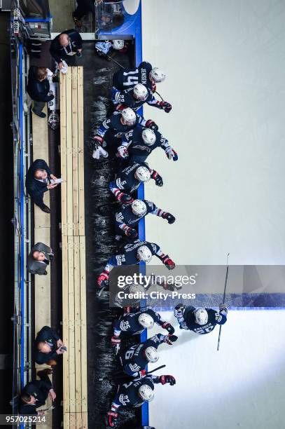 Players of Team USA celebrates the goal during the IIH World Championship game between USA and Latvia at Jyske Bank Boxen Arena on May 10, 2018 in...