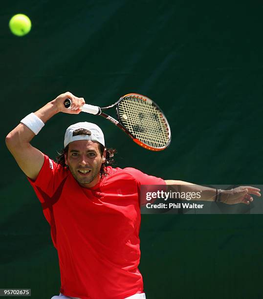 Albert Montanes of Spain plays a forehand in his first round match against James Lemke of Australia during day two of the Heineken Open at ASB Tennis...