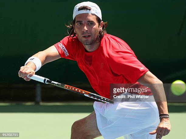 Albert Montanes of Spain plays a forehand in his first round match against James Lemke of Australia during day two of the Heineken Open at ASB Tennis...