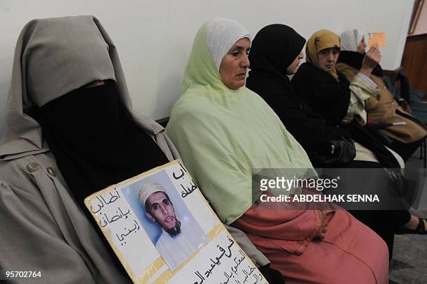 Relatives of prisoners alledgedly implicated in attacks in Morocco attend a support meeting called by Moroccan association Annassir on January 11,...