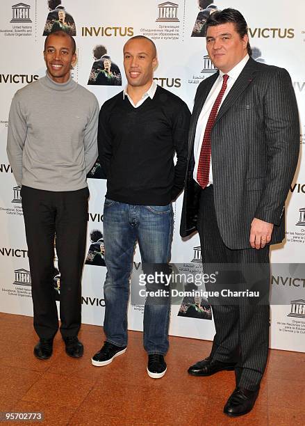 Former athlete Stephane Diagana, football player Mikael Silvestre and athlete David Douillet attend the "Invictus" Paris premiere at UNESCO on...