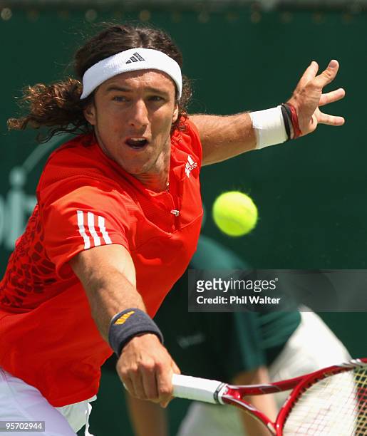Juan Monaco of Argentina plays a backhand in his first round match against Horacio Zeballos of Argentina during day two of the Heineken Open at the...
