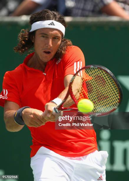 Juan Monaco of Argentina plays a backhand in his first round match against Horacio Zeballos of Argentina during day two of the Heineken Open at the...