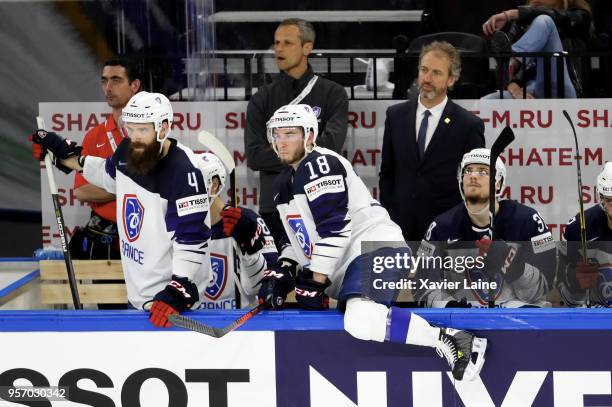 Antonin Manavian and Yohann Auvitu of France react during the 2018 IIHF Ice Hockey World Championship Group A between Slovakia and France at Royal...