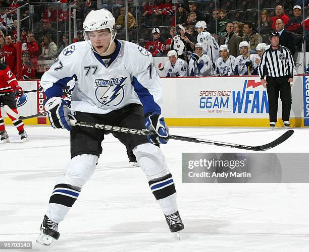 Victor Hedman of the Tampa Bay Lightning skates against the New Jersey Devils during the continuation of the game from January 8, 2010 that was...