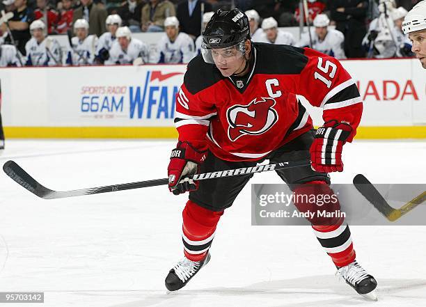 Jamie Langenbrunner of the New Jersey Devils skates against the Tampa Bay Lightning during the continuation of the game from January 8, 2010 that was...