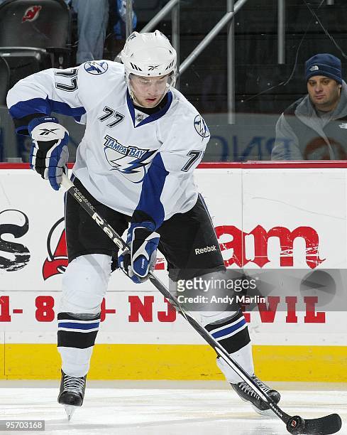 Victor Hedman of the Tampa Bay Lightning plays the puck against the New Jersey Devils during the continuation of the game from January 8, 2010 that...