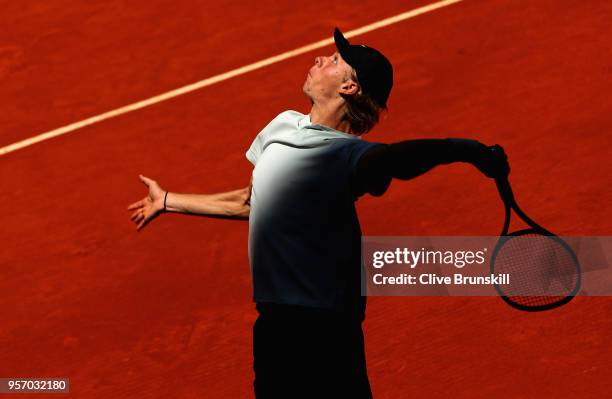 Denis Shapovalov of Canada serves against Milos Raonic of Canada in their third round match during day six of the Mutua Madrid Open tennis tournament...