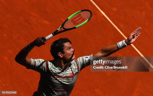 Milos Raonic of Canada serves against Denis Shapovalov of Canada in their third round match during day six of the Mutua Madrid Open tennis tournament...