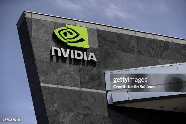 Sign is posted in front of the Nvidia headquarters on May 10, 2018 in Santa Clara, California. Nvidia Corporation will report first quarter earnings...