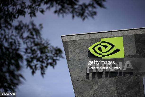 Sign is posted in front of the Nvidia headquarters on May 10, 2018 in Santa Clara, California. Nvidia Corporation will report first quarter earnings...