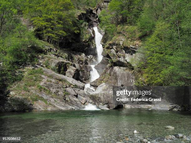 waterfall and green pool in maggia valley - giumaglio stock pictures, royalty-free photos & images