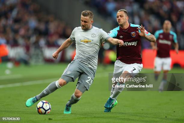 Luke Shaw of Manchester United and Marko Arnautovic of West Ham United battle for possession during the Premier League match between West Ham United...