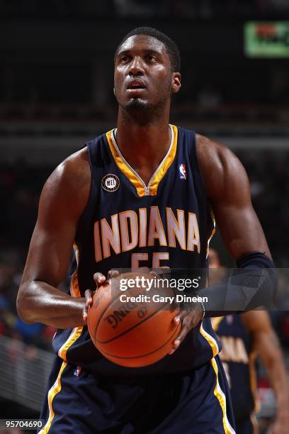 Roy Hibbert of the Indiana Pacers shoots a free throw against the Chicago Bulls during the game on December 29, 2009 at the United Center in Chicago,...