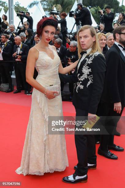Delphine Wespiser and fashion designer Christophe Guillarme attend the screening of "Yomeddine" during the 71st annual Cannes Film Festival at Palais...