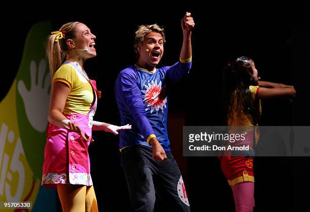 Casey Burgess,Stevie Nicholson and Fely Irvine of the new Hi-5 line-up performs a segment from their new stage show "Hi-5 Surprise!" at the Theatre...