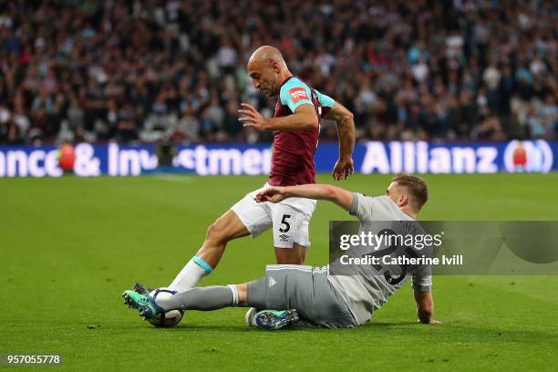 Pablo Zabaleta of West Ham United and Luke Shaw of Manchester United battle for possession during the Premier League match between West Ham United...