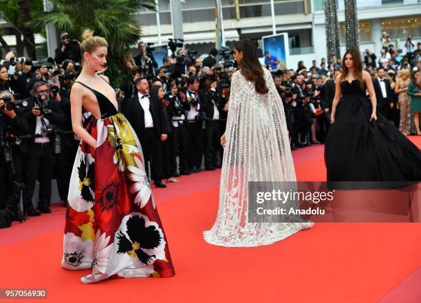 Actress Amber Heard , Thai model Araya Hargate and French model Thylane Blondeau arrive for the screening of the film 'Plaire, Aimer et Courir Vite'...