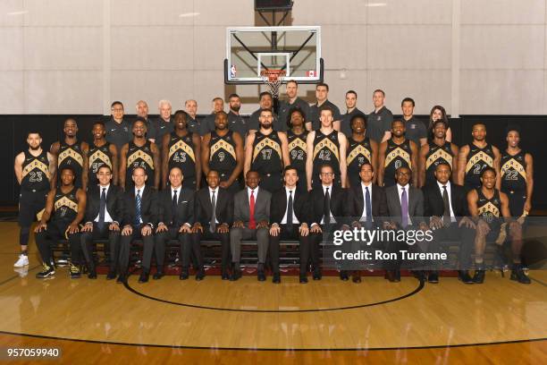 The Toronto Raptors pose for a team photo on April 6, 2018 at the Air Canada Centre in Toronto, Ontario, Canada. NOTE TO USER: User expressly...