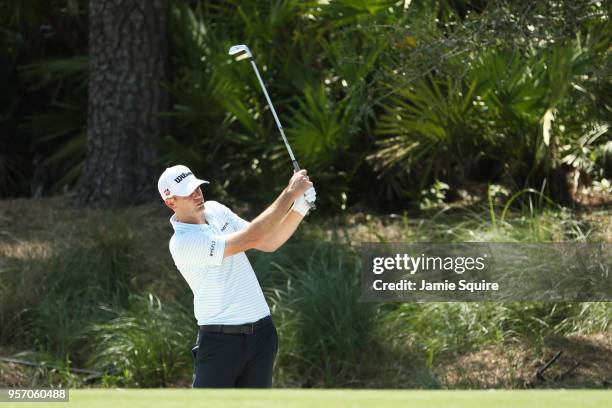 Brendan Steele of the United States plays a shot on the tenth hole during the first round of THE PLAYERS Championship on the Stadium Course at TPC...