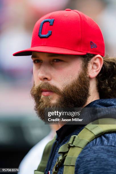 Ben Taylor of the Cleveland Indians in the dugout prior to the game against the Toronto Blue Jays at Progressive Field on May 3, 2018 in Cleveland,...