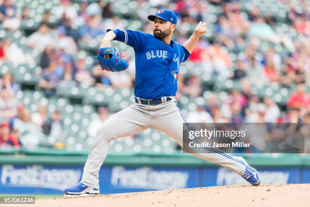 Starting pitcher Jaime Garcia of the Toronto Blue Jays pitches during the first inning against the Cleveland Indians at Progressive Field on May 3,...